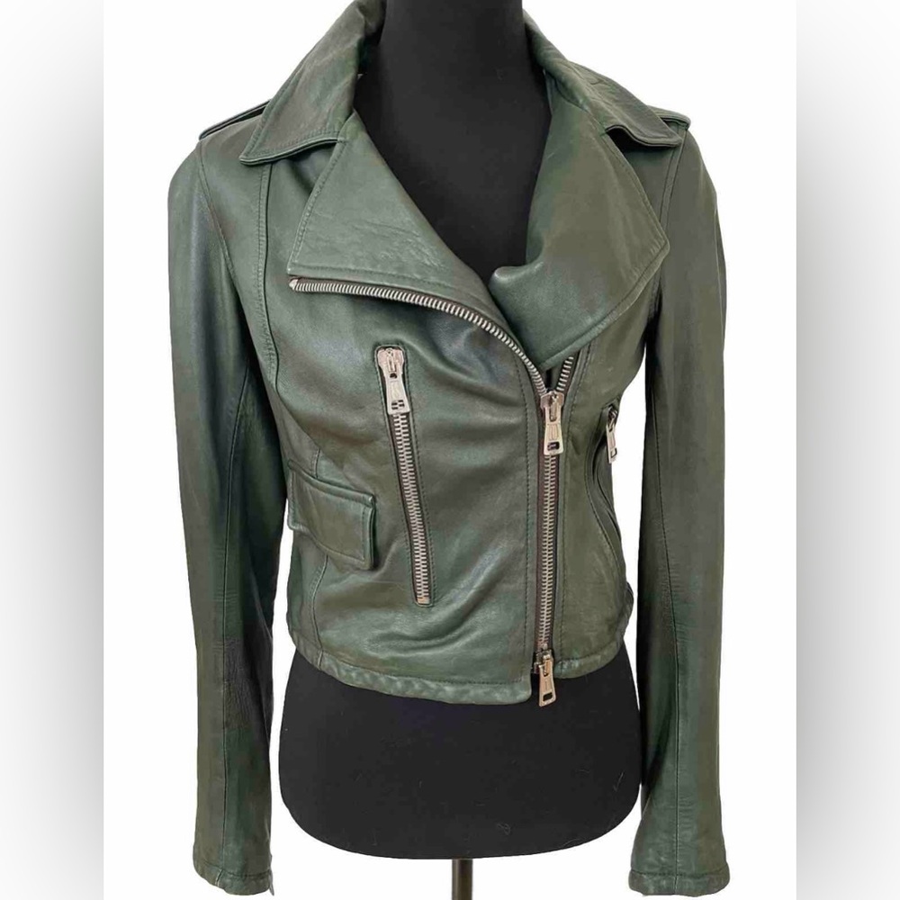 Orciani Women’s Dark Green Leather Biker Jacket Coat Slight Crop 42 XS Perfect!